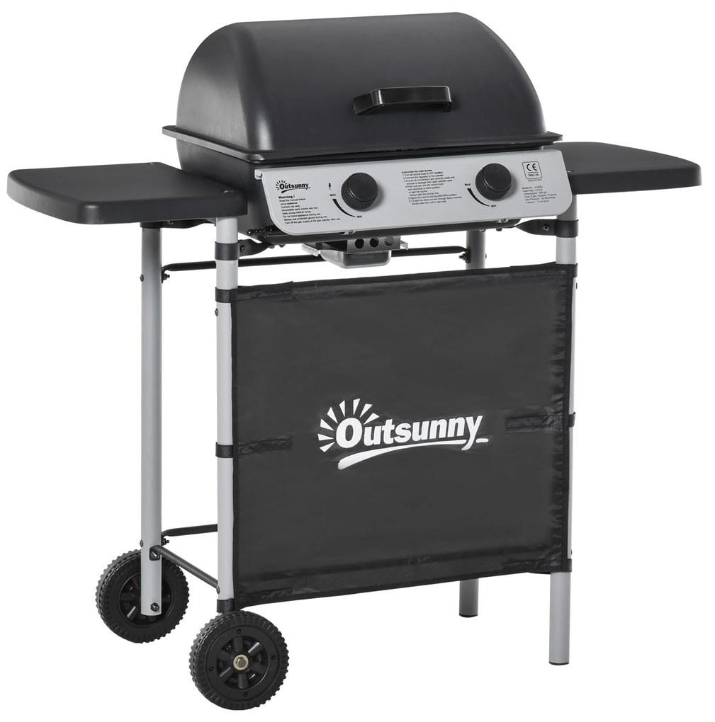 Outsunny Barbecue a Gás com 2 Queimadores 2,8 KW 2 Rodas 2 Mesas Laterais e Grelhas de Aço para Piquenique Campismo 104x49x99 cm Preto