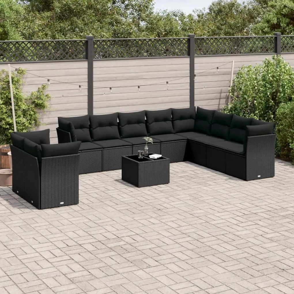 11 pcs conjunto sofás de jardim c/ almofadões vime PE preto