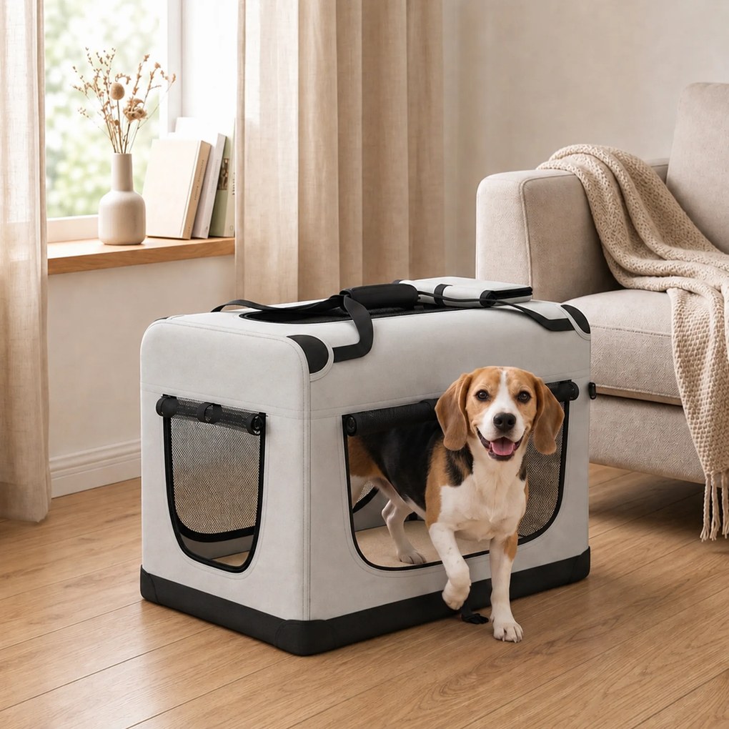 Transportadora Macia para Cães de Pequeno e Médio Porte Dobrável com Tigela em Tecido Oxford Cinza Claro