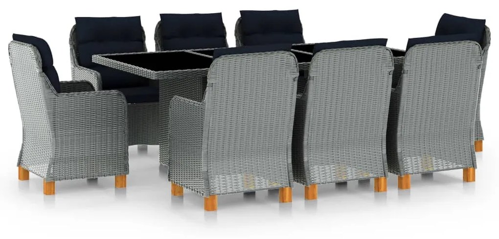 vidaXL 9 pcs conj. jantar exterior + almofadões vime PE cinzento-claro