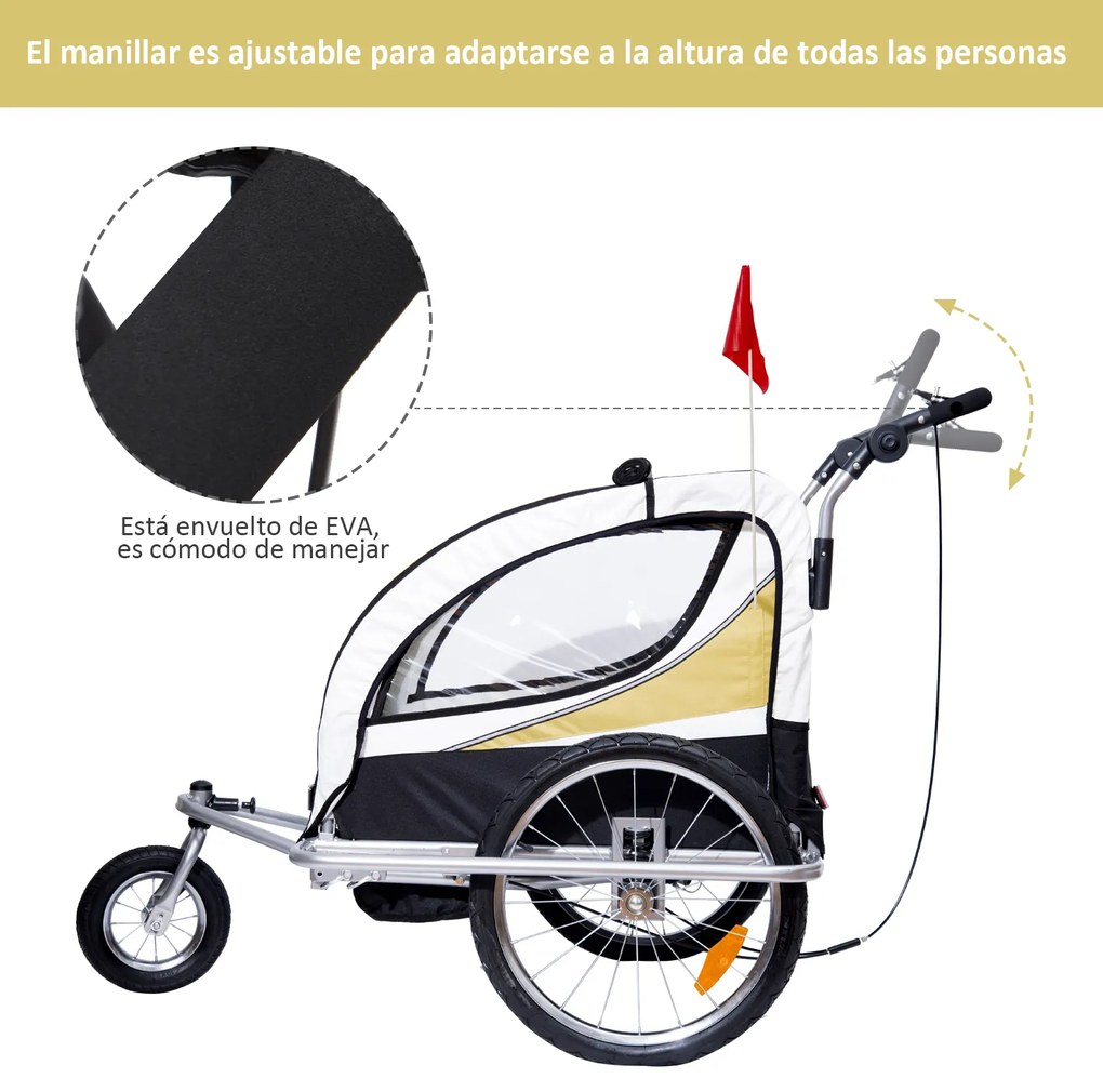 Atrelado para Bicicleta tipo Carro com Barra de Passeio para Crianças, de 2 Lugares, com Roda Dianteira Giratória a 360° e Assento Almofadado