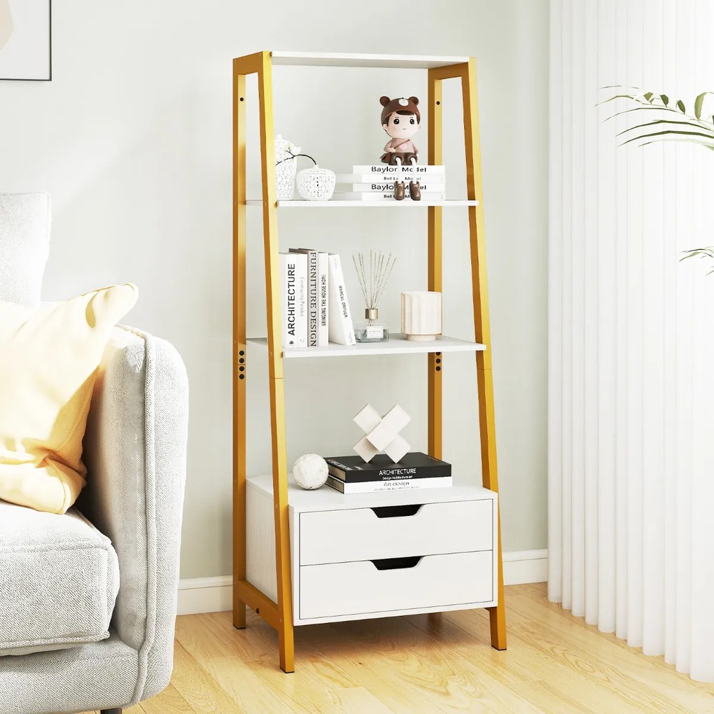 Estante em forma escada 52 x 39,5 x 134 cm com 4 prateleiras abertas e 2 gavetas Branco + Dourado