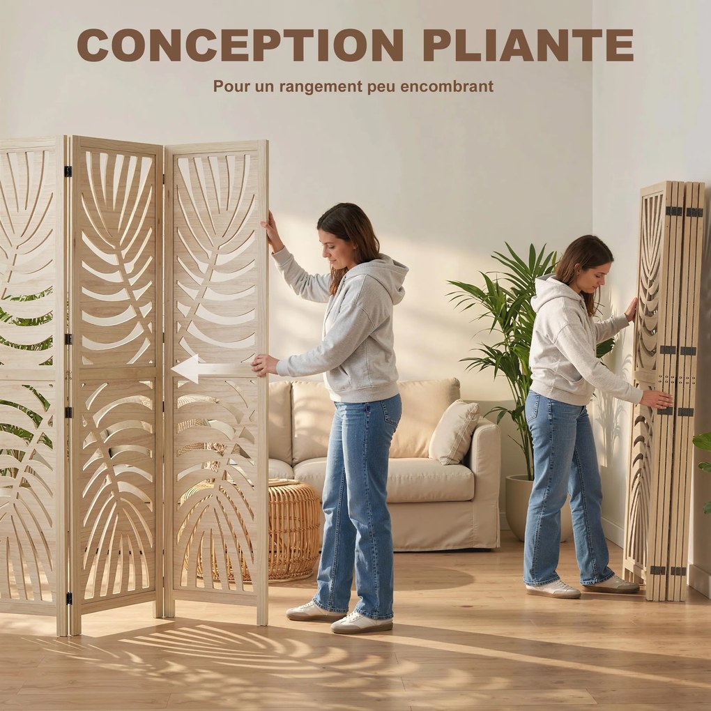 Biombo de interior em madeira com 6 painéis, 240 x 170 cm, dobrável e portátil, com padrão de folhas, design amovível, madeira natural