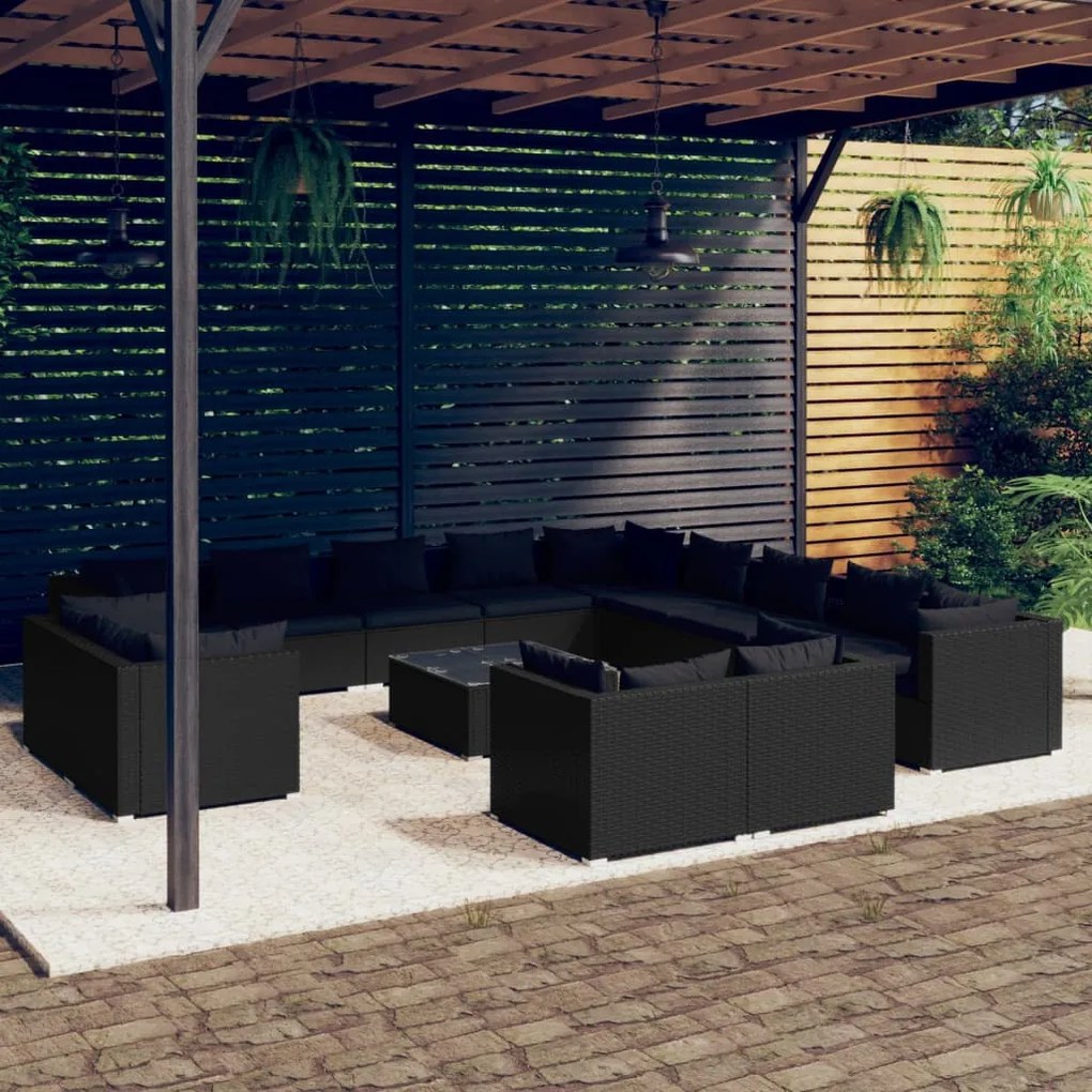 vidaXL 14 pcs conjunto lounge de jardim c/ almofadões vime PE preto