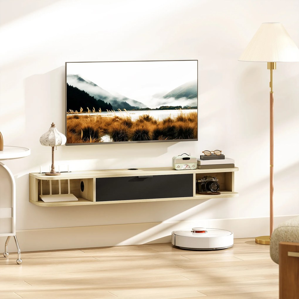 Móvel de TV suspenso 120 x 24 x 16 cm, móvel para televisores até 50 polegadas, com gaveta rebatível e 2 prateleiras, preto e castanho