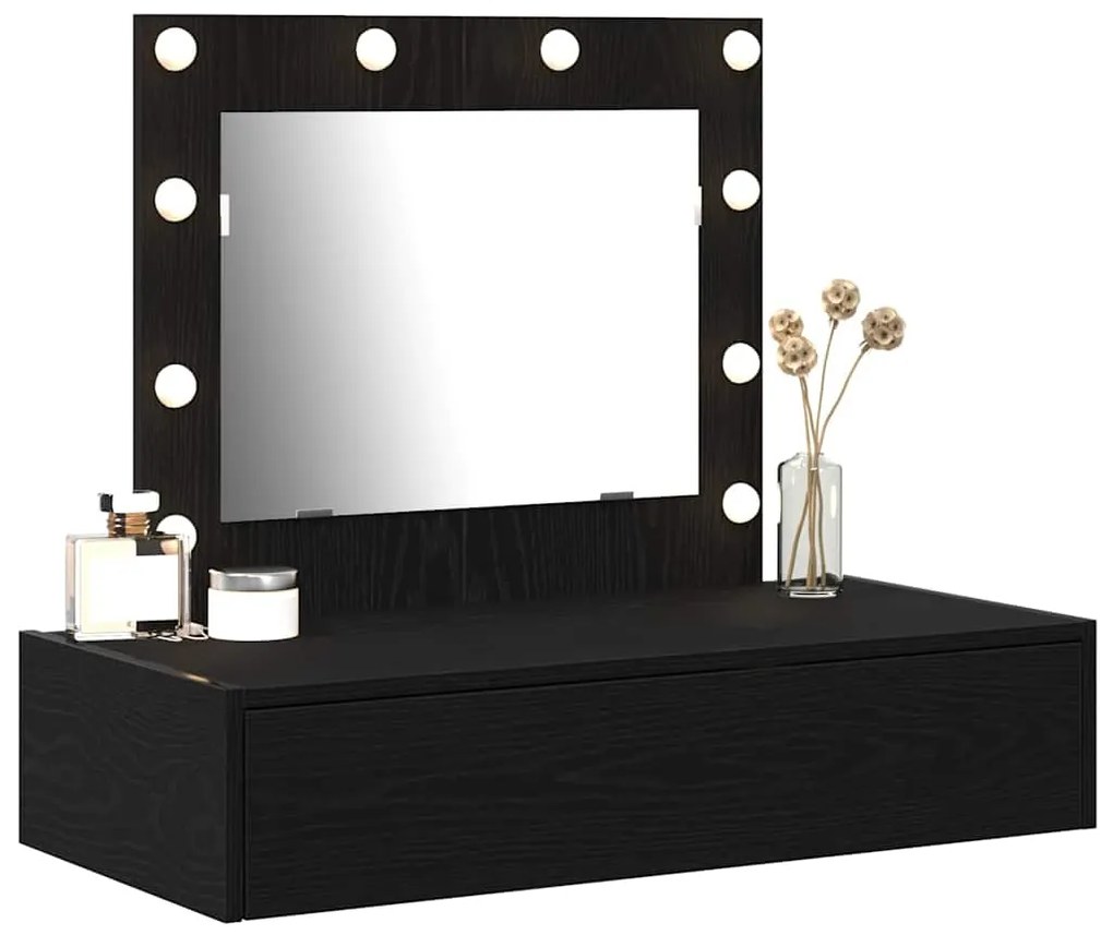Mesa de Maquiagem Montada na Parede com Luzes LED em Carvalho Preto