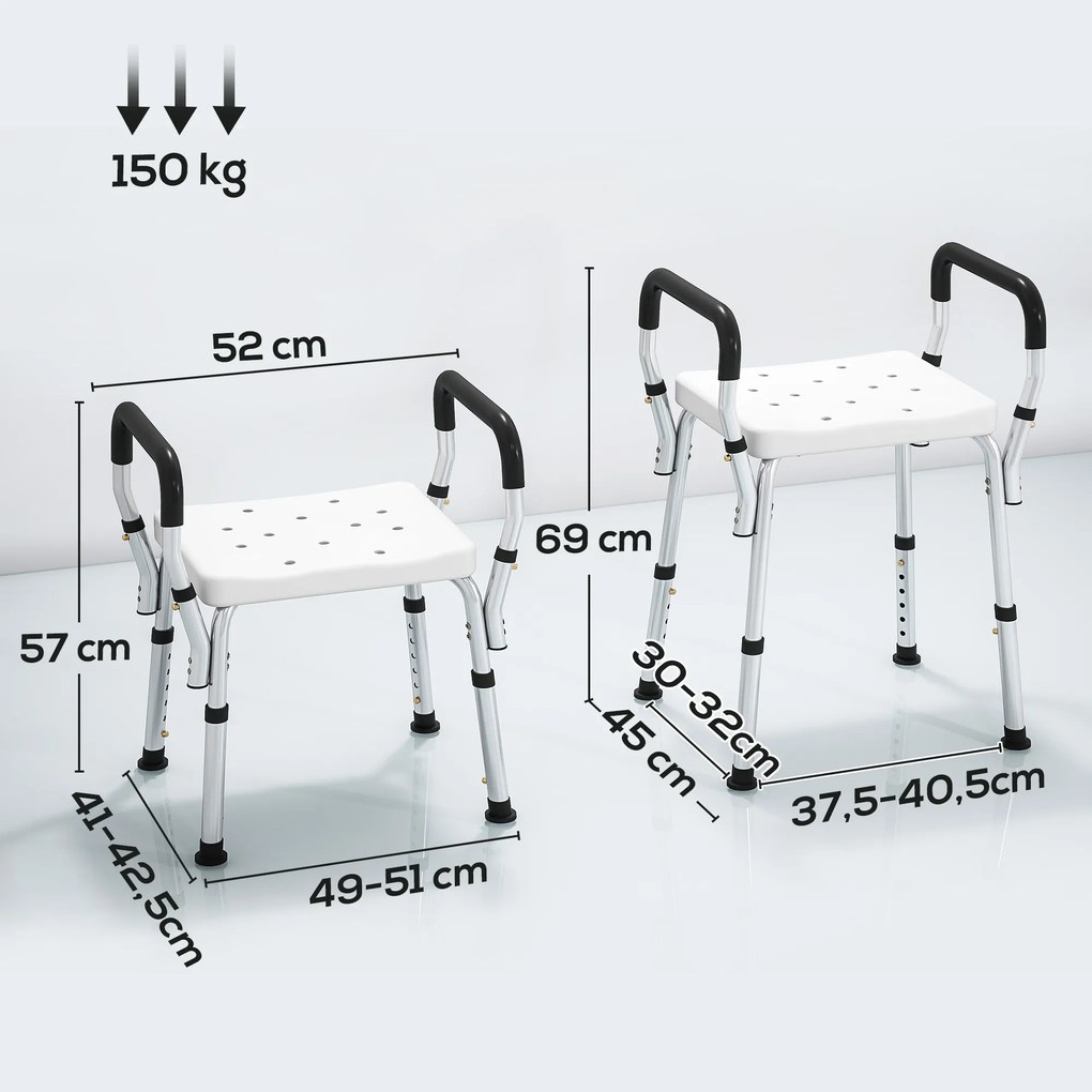 Banco de duche para idosos e pessoas com deficiência 52 (L) x 45 (P) x 57-69 (A) cm, com apoios de braços, altura ajustável, patins antiderrapantes, b