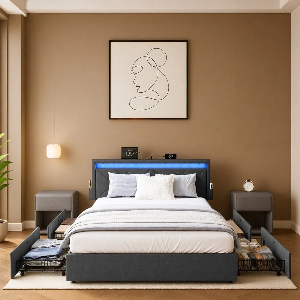 Estrutura de cama, 180 x 200 cm (COLCHÃO NÃO INCLUIDO), com iluminação Led Cinza