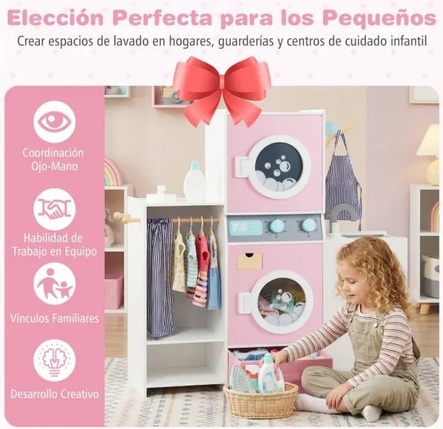 Conjunto de lavandaria em madeira para crianças Máquina de lavar roupa realista com acessórios Ferro de engomar e cabides Brinquedo educativo Rosa