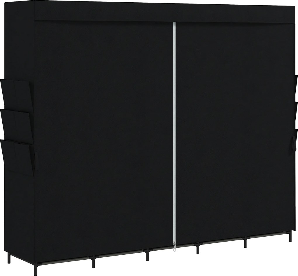 Roupeiro de Tecido com 5 Barras, 5 Prateleiras, 6 Bolsos Laterais, Fecho de Correr, Estrutura em Aço, 212x45x167 cm, Preto