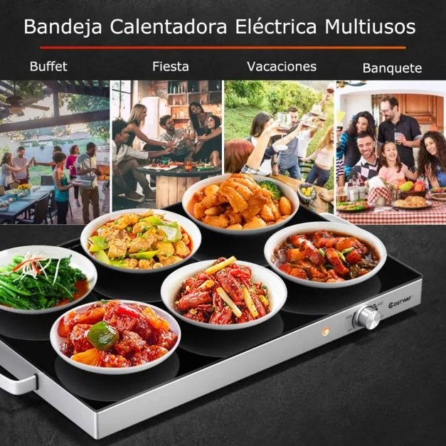 Bandeja aquecedora de aço inoxidável 300 W com tampa de vidro temperado e temperatura ajustável, ideal para buffets, festas e eventos