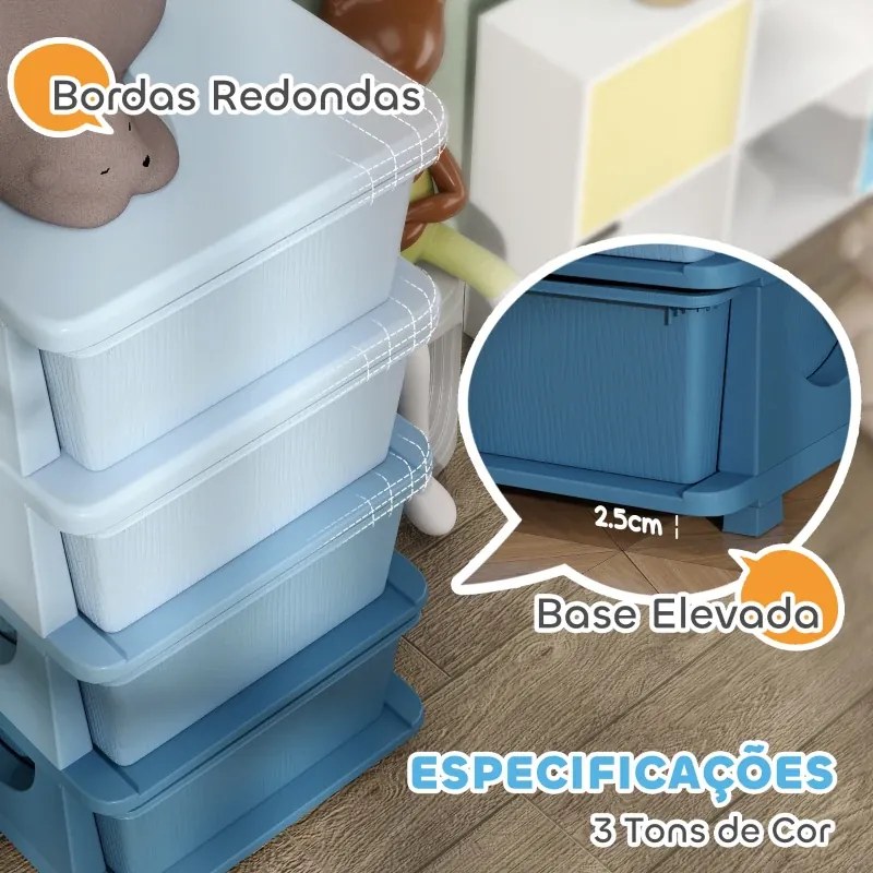Organizador de Brinquedos 37x37x76 cm com 4 Gavetas Torre de Arrumação para Crianças +3 Anos Cantos Arredondados e Pegas Azul