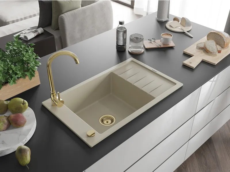 Mexen Elias lava-louça em granito com 1 bacia e escorredor 795 x 480 mm, bege, sifão dourado - 6511791005-69-G