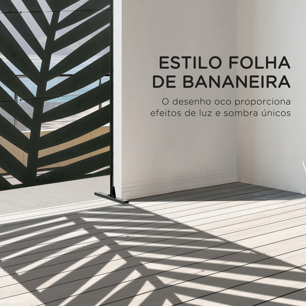 Biombo de 3 Peças Separador de Ambientes com Desenho de Folha de Bananeira Biombo para Exterior 122x45x198 cm Preto