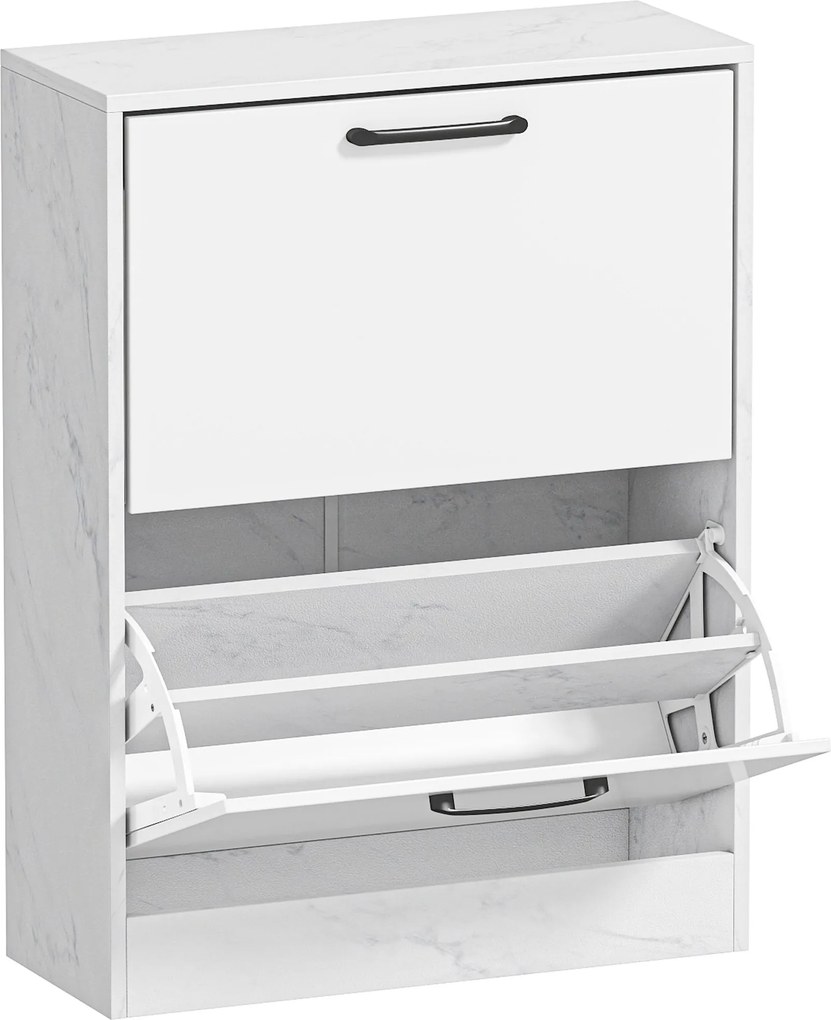 HOMCOM Sapateira Estreita 2 Portas de Alto Brilho com Prateleiras Ajustáveis Design Mármore para 8 Pares de Sapatos 60x24x80 cm Branco | Aosom Portugal
