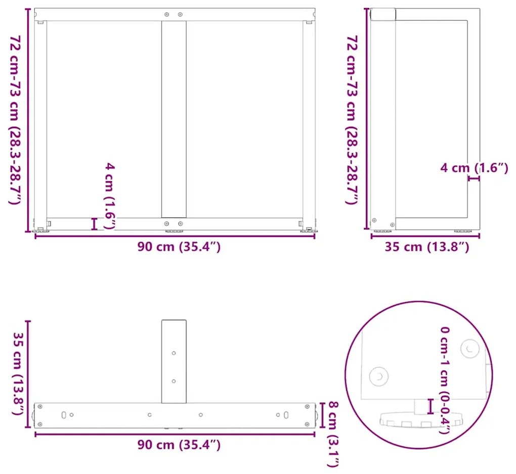 Pés de mesa de jantar em forma de T, 2 peças, preto, 90x35x(72-73) cm,