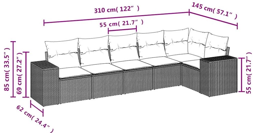 6 pcs conjunto sofás de jardim c/ almofadões vime PE preto