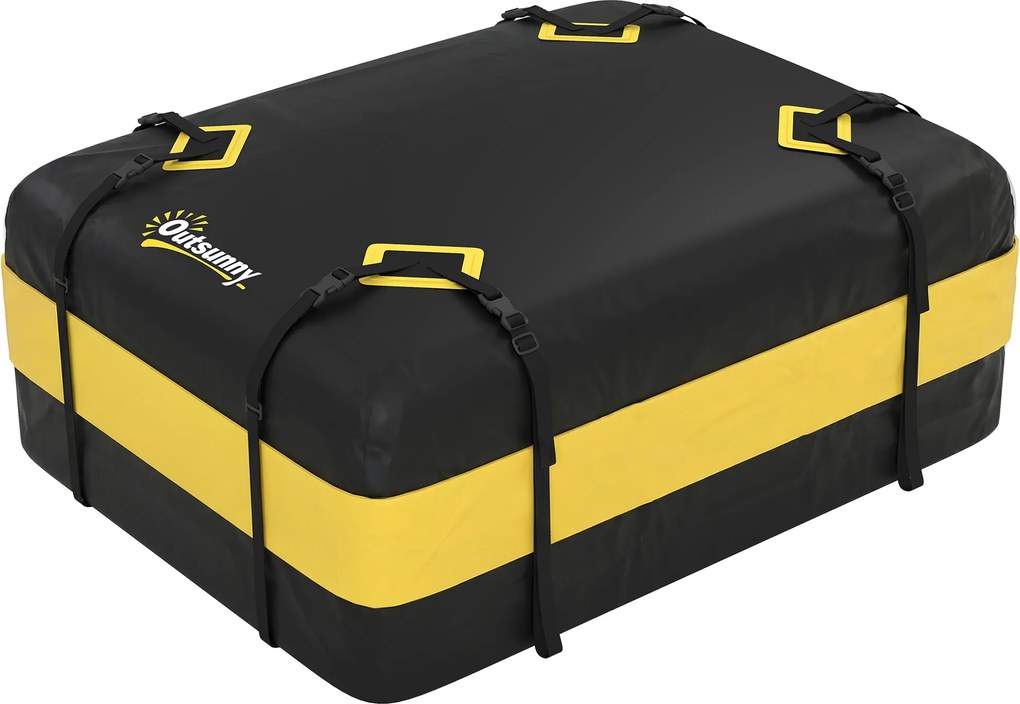 Mala de Teto para Carro 425 L Impermeável com 8 Correias Tapete Antiderrapante e Ganchos para Veículos Preto e Amarelo