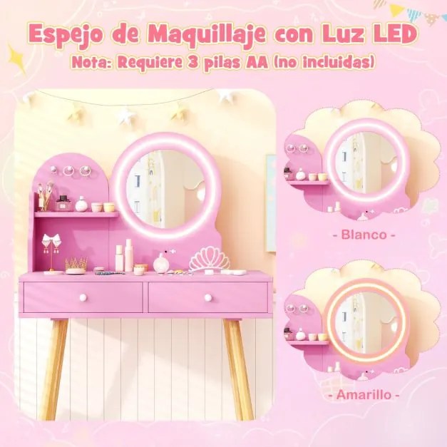 Conjunto de toucador para crianças com espelho iluminado de princesa Rosa