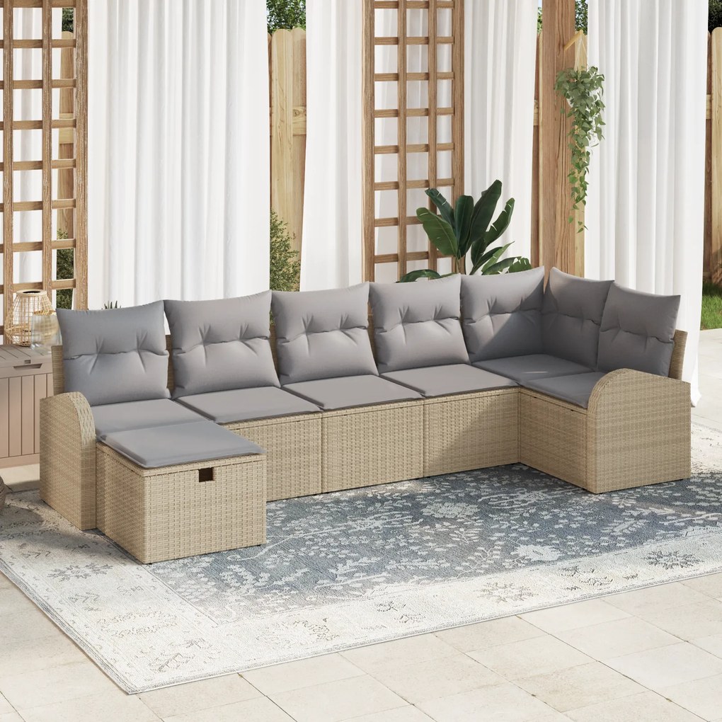 Conjunto de Sofá Jardim de 7 Peças com Almofadas Bege Rattan Sintético