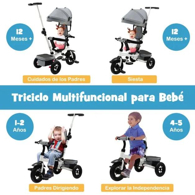 Triciclo de empurrar para crianças com assento reversível Toldo ajustável Pega de empurrar Corrimão amovível Apoio para os pés amovível Apoio para os