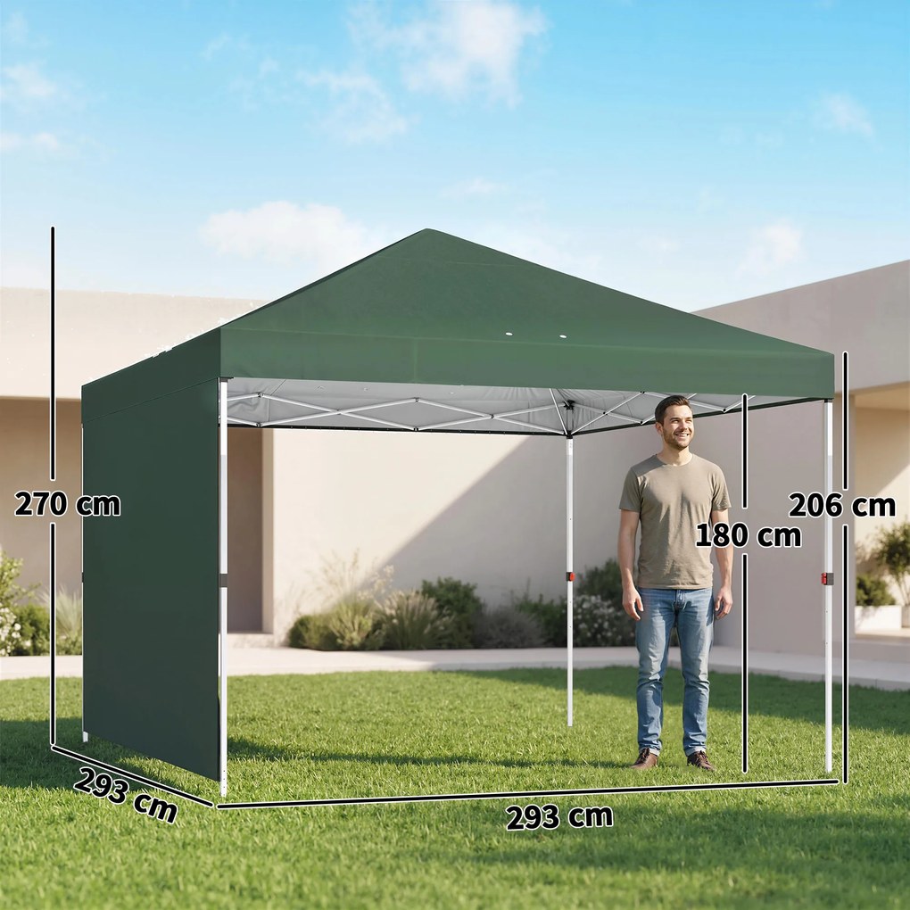 Tenda Dobrável 3x3 m Pop-up com Parede Lateral Proteção UPF50+ Empurre Central Altura Ajustável Verde