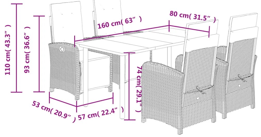 5 pcs conjunto de jantar p/ jardim com almofadões vime PE bege