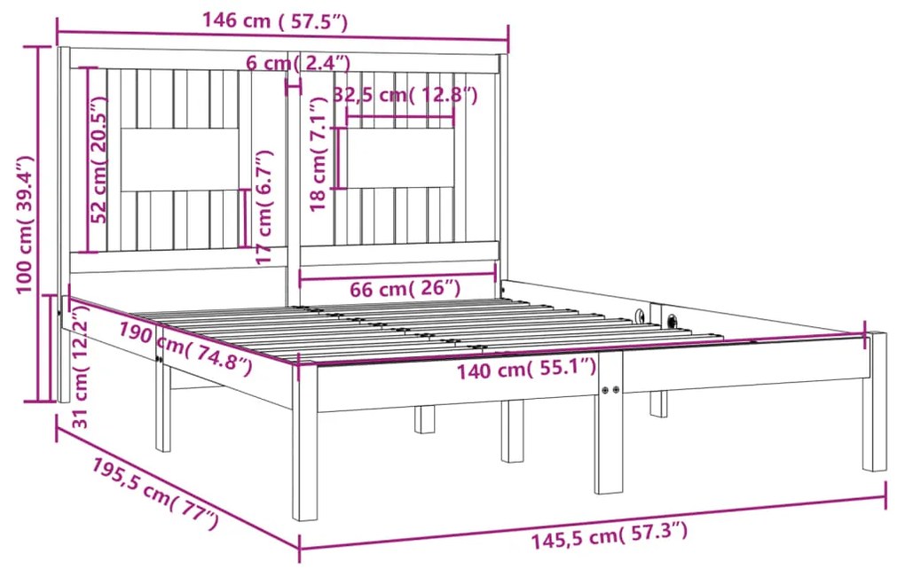 Estrutura de cama 140x190 cm madeira de pinho maciça branco