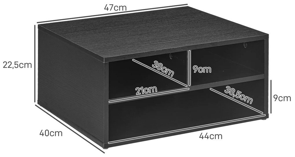 Móvel Auxiliar para Impressora de 2 Níveis Suporte de Impressora com 3 Compartimentos Estilo Moderno 47x40x22,5 cm Preto