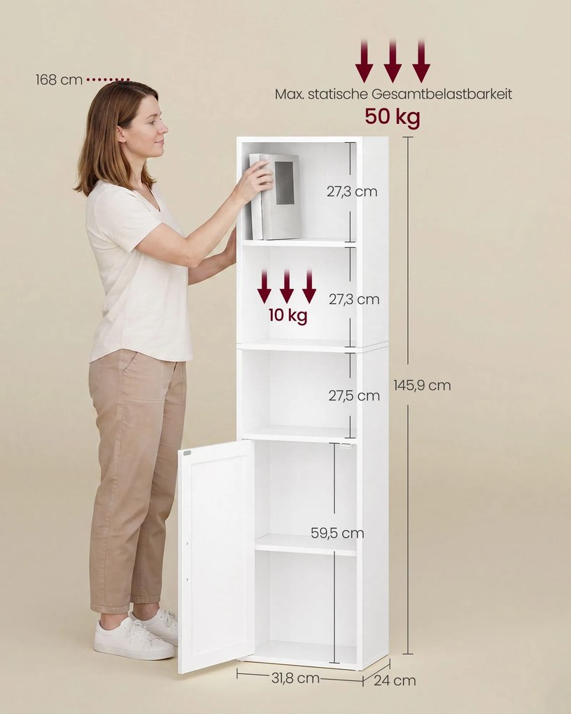 Estante com 5 prateleiras e porta, 31,8 x 24 x 145,9 cm Branco