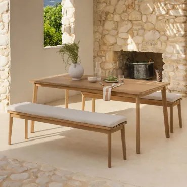Conjunto De Mesa Retangular Kaela, 180x90 Cm, E 2 Bancos De Jardim Feitos De Madeira De Acácia. Tecido Gardénia Branco - Sklum