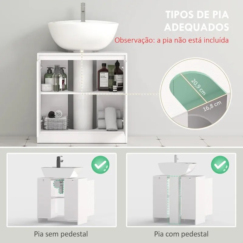 Móvel casa de Banho 60x30x59,8 cm para Lavatório Pousar (NÃO INCLUIDO) com 2 Portas e Prateleira Ajustável para Lavatórios com ou sem Pedestal Branco