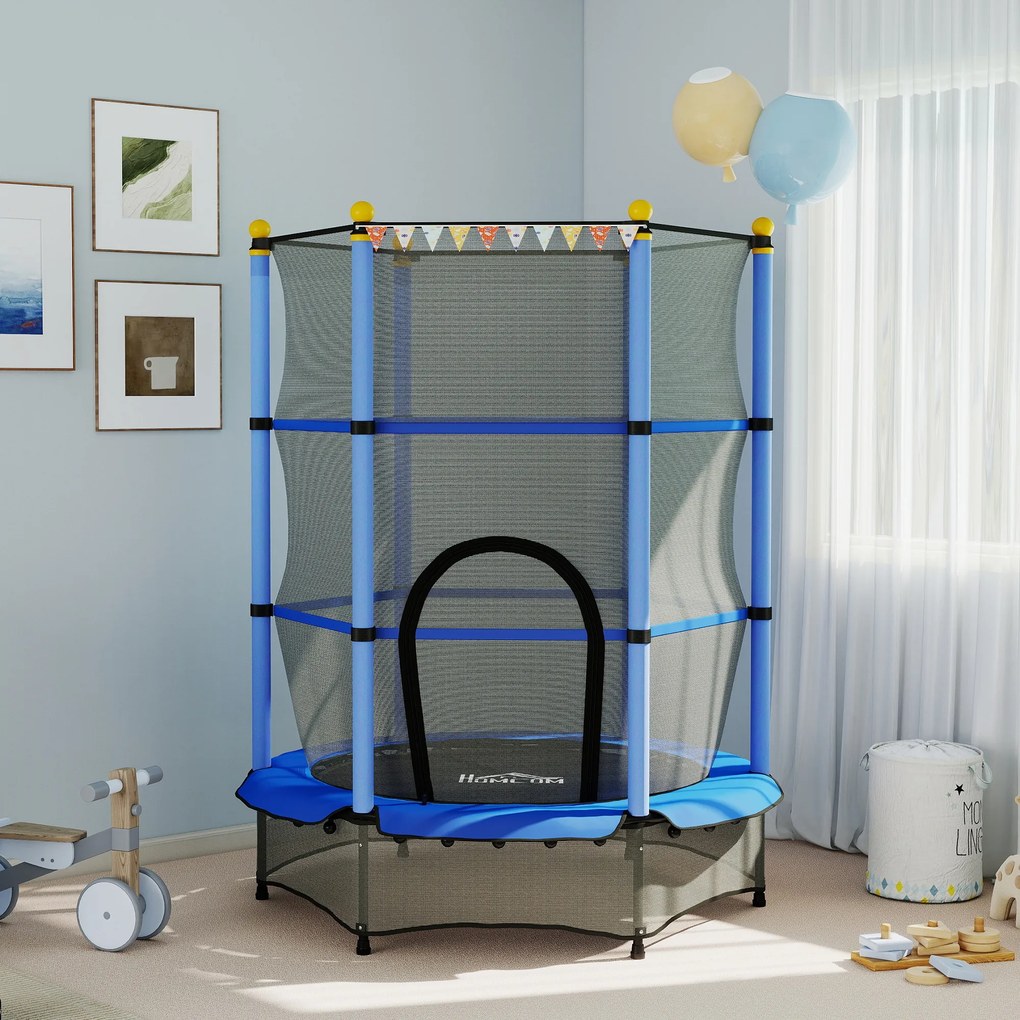 Trampolim infantil Ø 1,40 × 1,90 m (altura) Rede de segurança Porta com fecho de correr Proteção para molas 6 postes almofadados Incluído Azul
