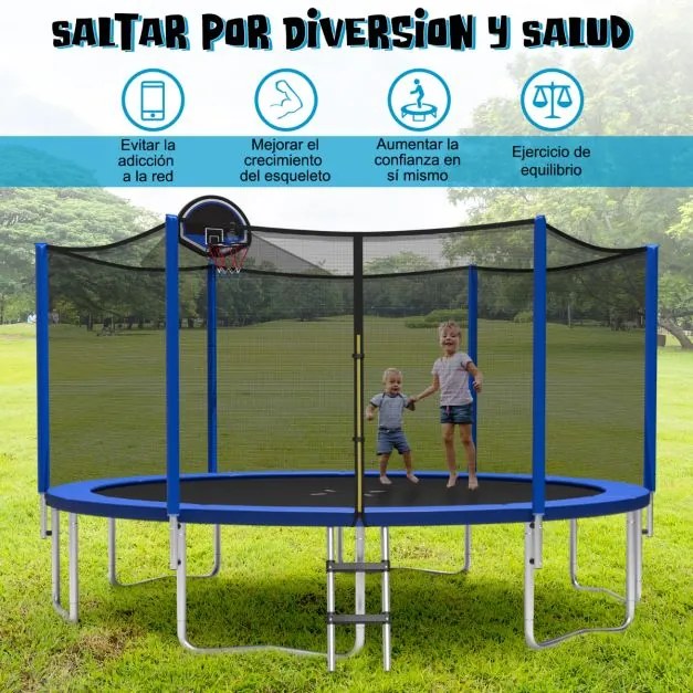 Trampolim para exterior com cesto Basquetebol 366 cm, carga máxima 180 kg, 72 molas, rede de segurança Azul