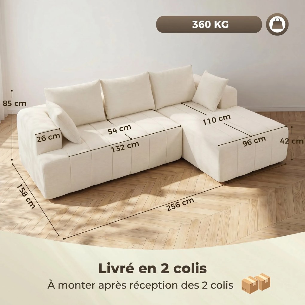 Sofá-Cama de Canto com Chaise Longue, 256 x 158 x 85 cm, Assento com Molas Ensacadas, Bege