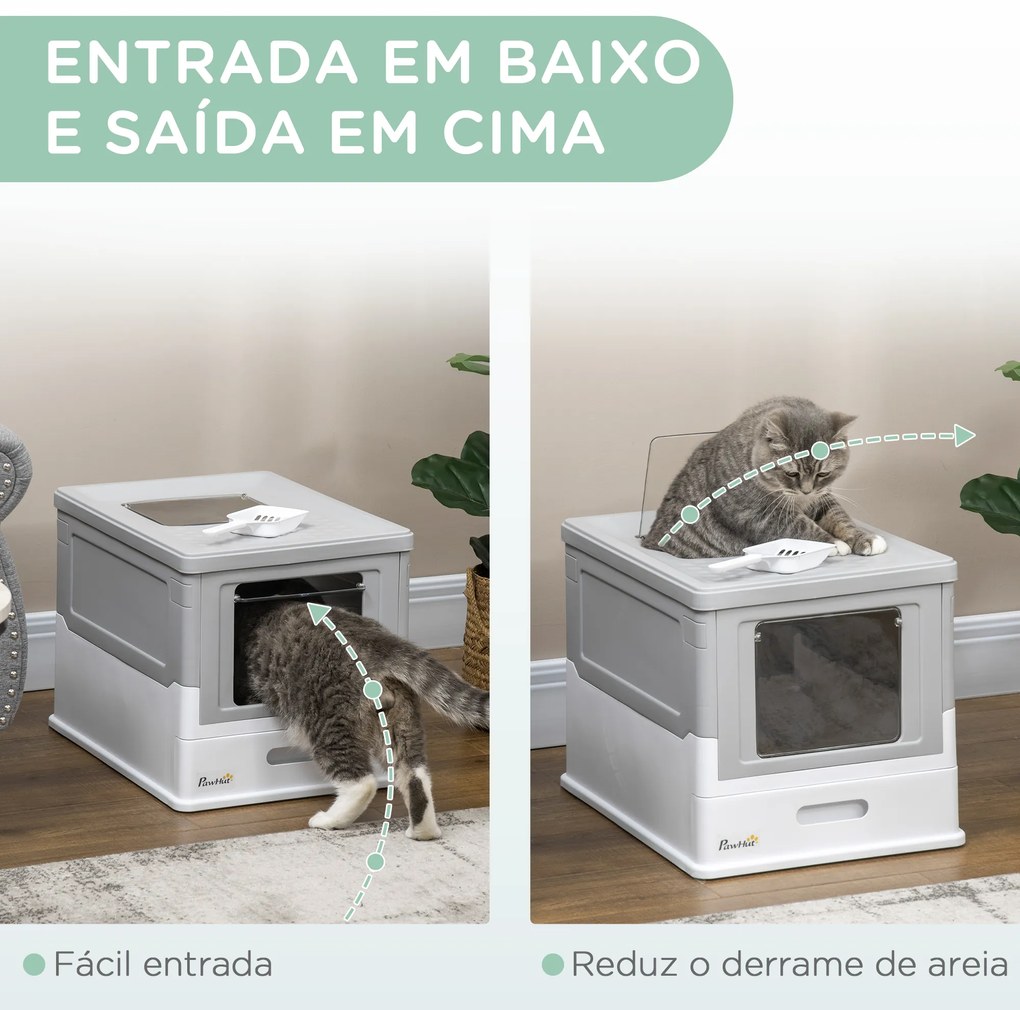 Caixa de Areia para Gatos Dobrável Caixa de Areia para Gatos Fechada com Bandeja Removível e Pá 47,5x35,5x36,7cm Cinza