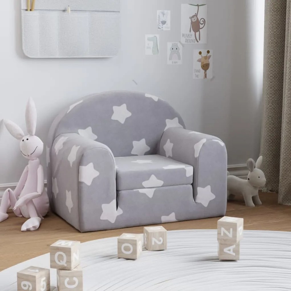 341797 vidaXL Sofá-cama infantil de c/ estrelas pelúcia cinzento-claro