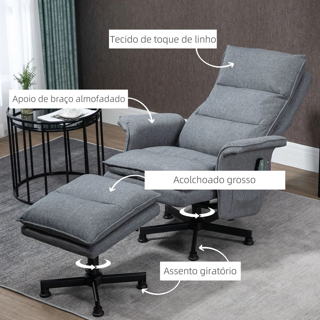 HOMCOM Poltrona Relax com Massagem e Apoio para os Pés Poltrona de Massagem Estofada em Linho com Controlo Remoto e 8 Áreas de Massagem Carga Máxima 120kg 78x81x99cm Cinza