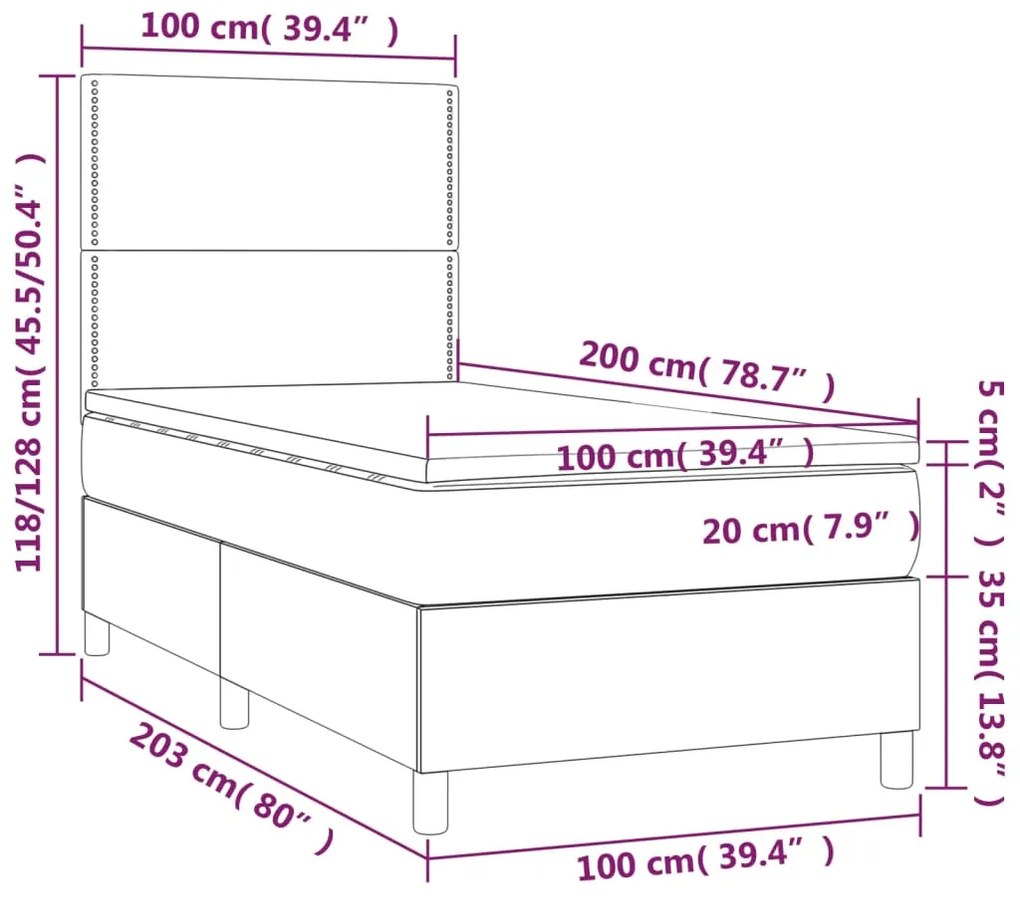 Cama box spring c/ colchão e LED 100x200 cm tecido cinza-escuro