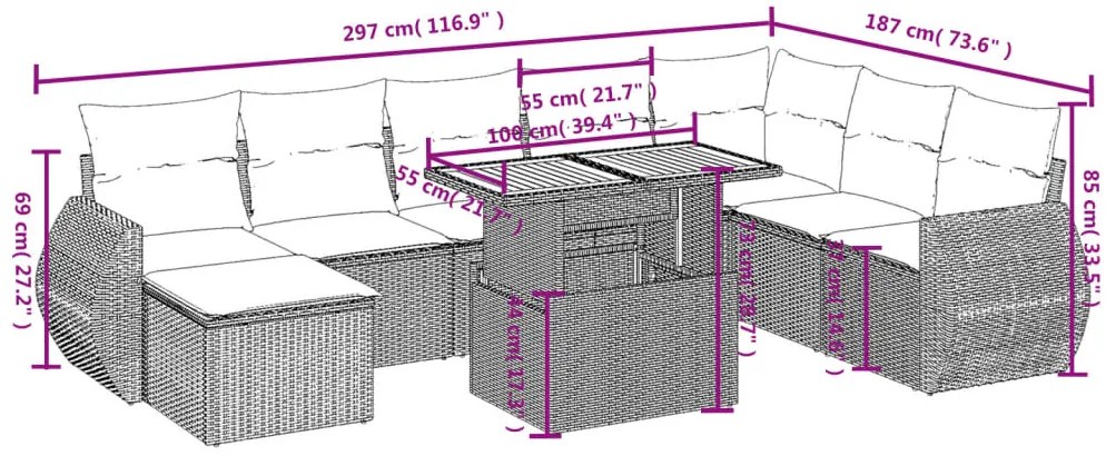 9 pcs conjunto de sofás p/ jardim com almofadões vime PE bege