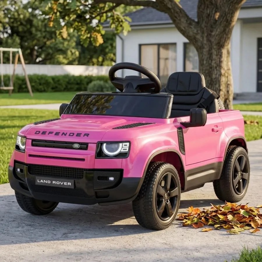 Carro elétrico para Crianças 12V 4x4 Land Rover Defender Rodas de espuma EVA, Assento Couro ecológico, Controlo remoto Rosa