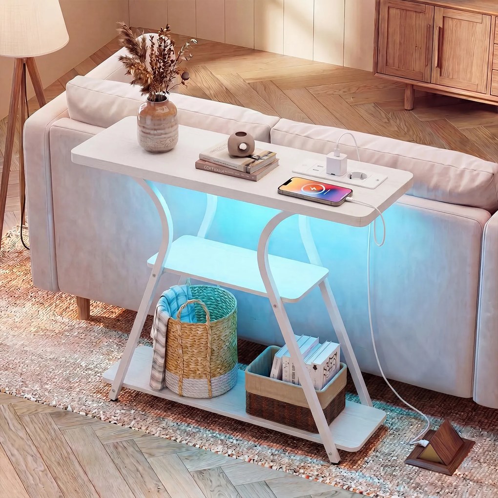 Mesa consola com luzes LED e base de carregamento 79,5 x 30,5 x 81,5 cm, 3 níveis, estantes abertas, kit anti-tombamento, estrutura metálica, para sal