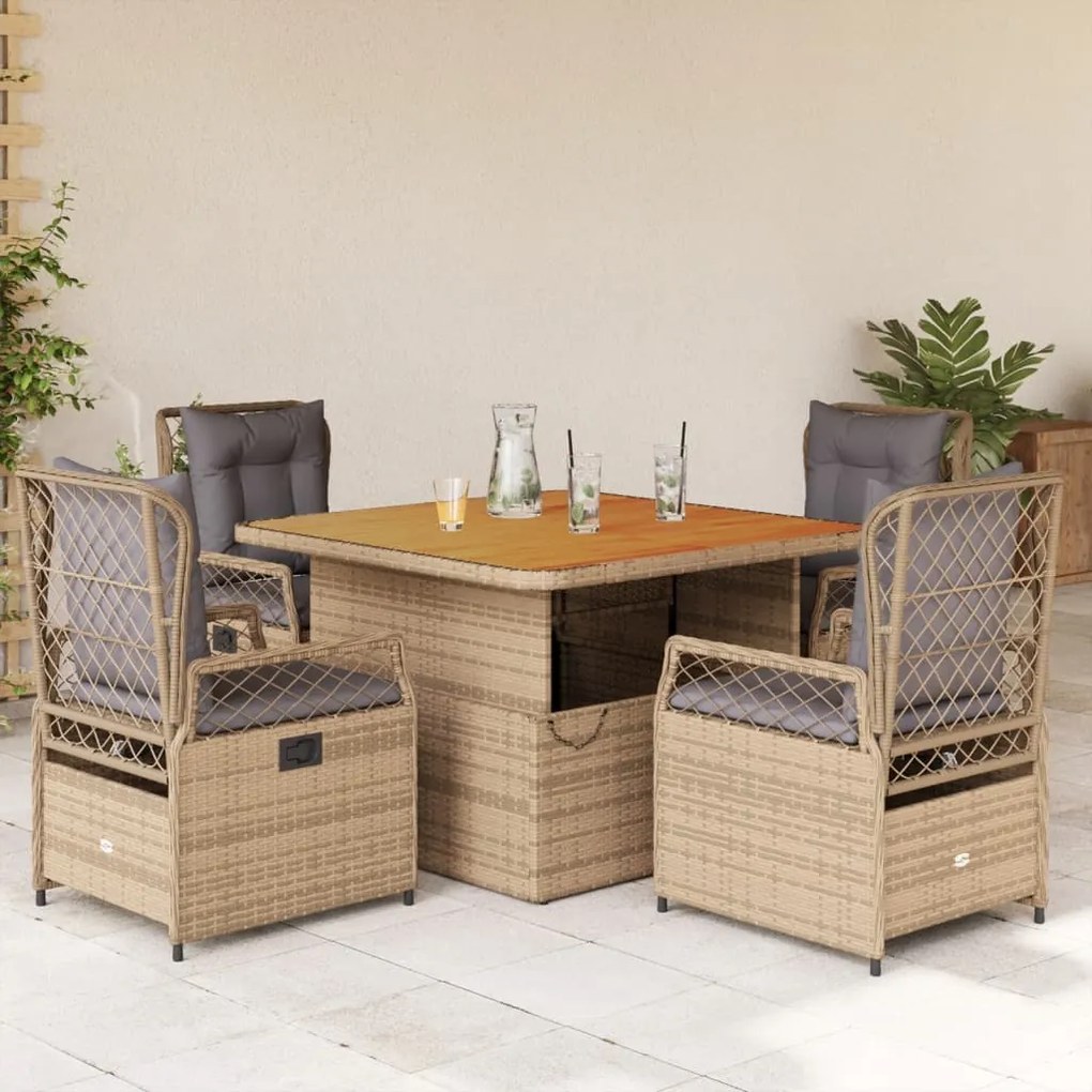vidaXL 5 pcs conjunto de jantar p/ jardim com almofadões vime PE bege