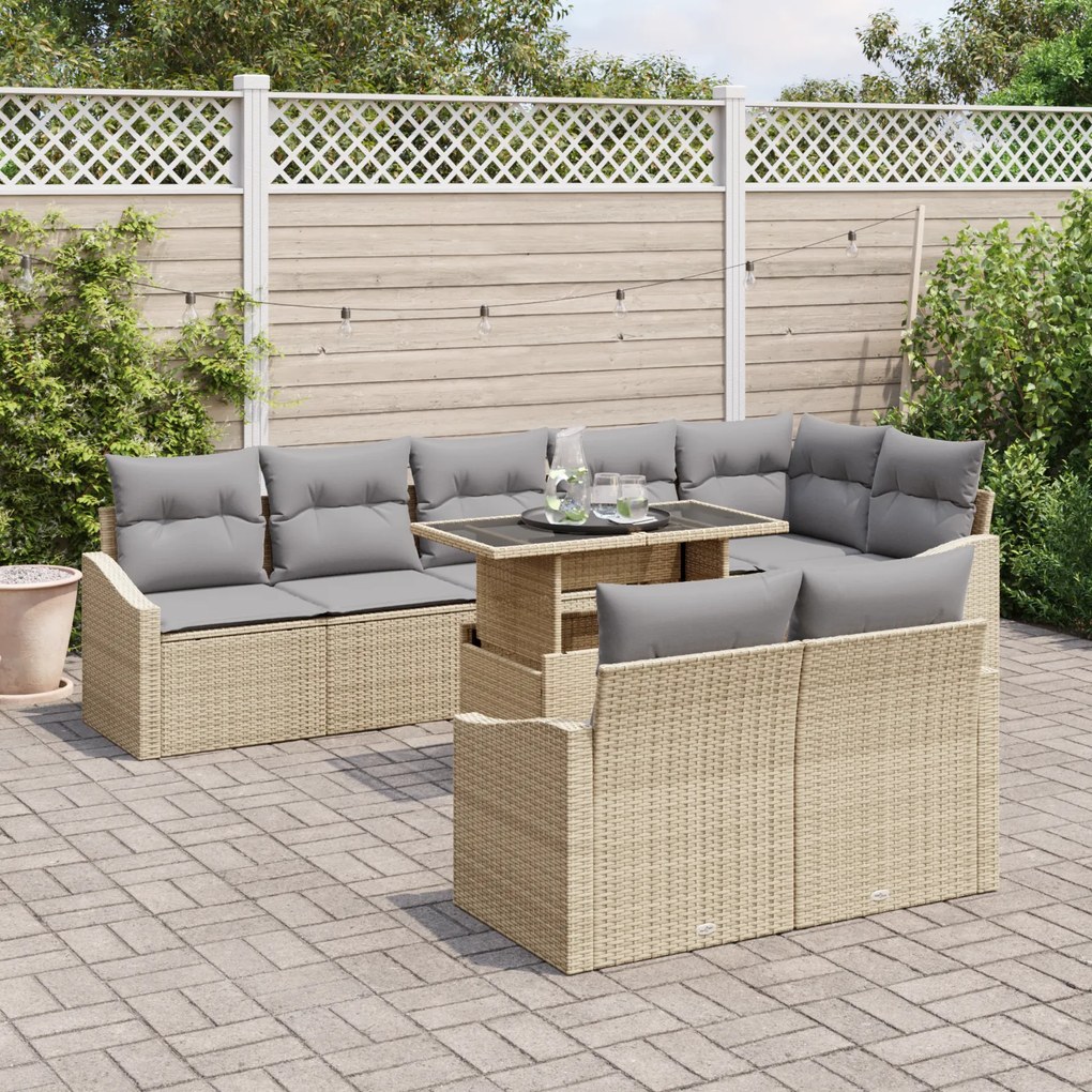 Conjunto de Sofás de Jardim de 9 Peças com Almofadas Bege Rattan Polip