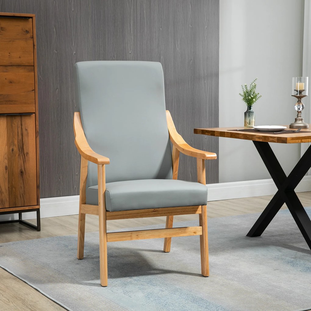 HOMCOM Poltrona de Estilo Nórdico com Encosto Alto Cadeira Sala de Jantar Estofada em PU com Apoio para os Braços e Estrutura de Madeira de Borracha para Escritório Sala de Estar Carga 150kg 62x75x115cm Cinza e Madeira