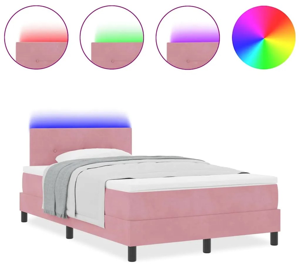 Cama Box com Colchão & LED Rosa 120x200 cm Veludo
