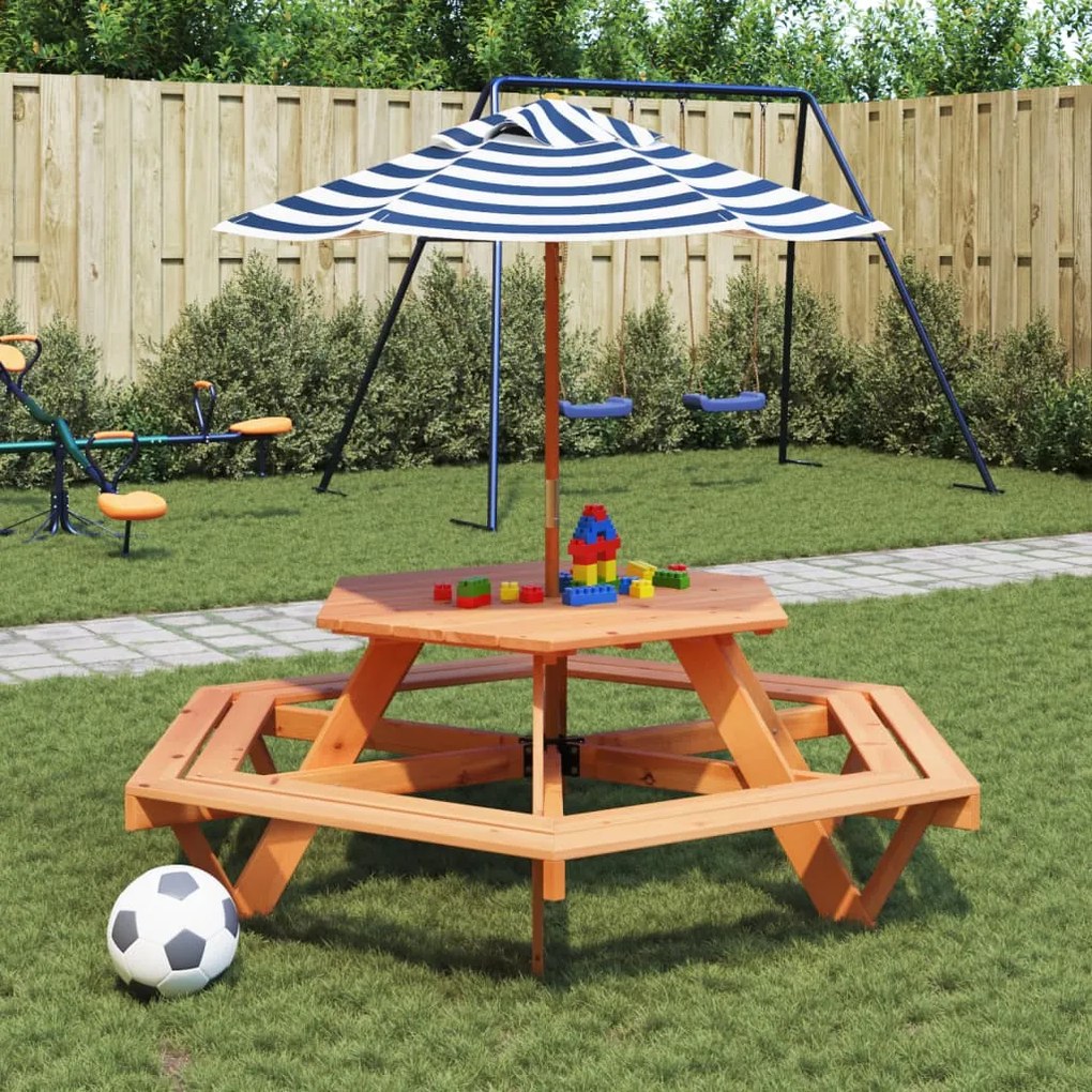 vidaXL Mesa de piquenique para 6 crianças com guarda-sol abeto maciço