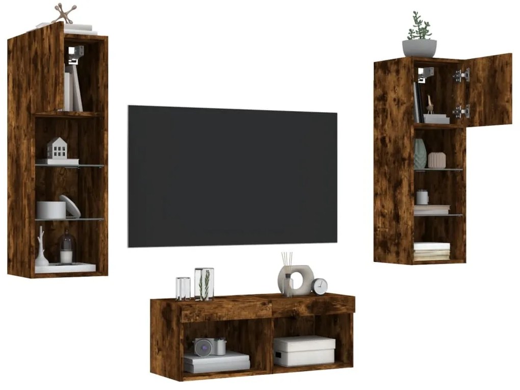 vidaXL 4 pcs móveis de parede para TV com luzes LED carvalho fumado