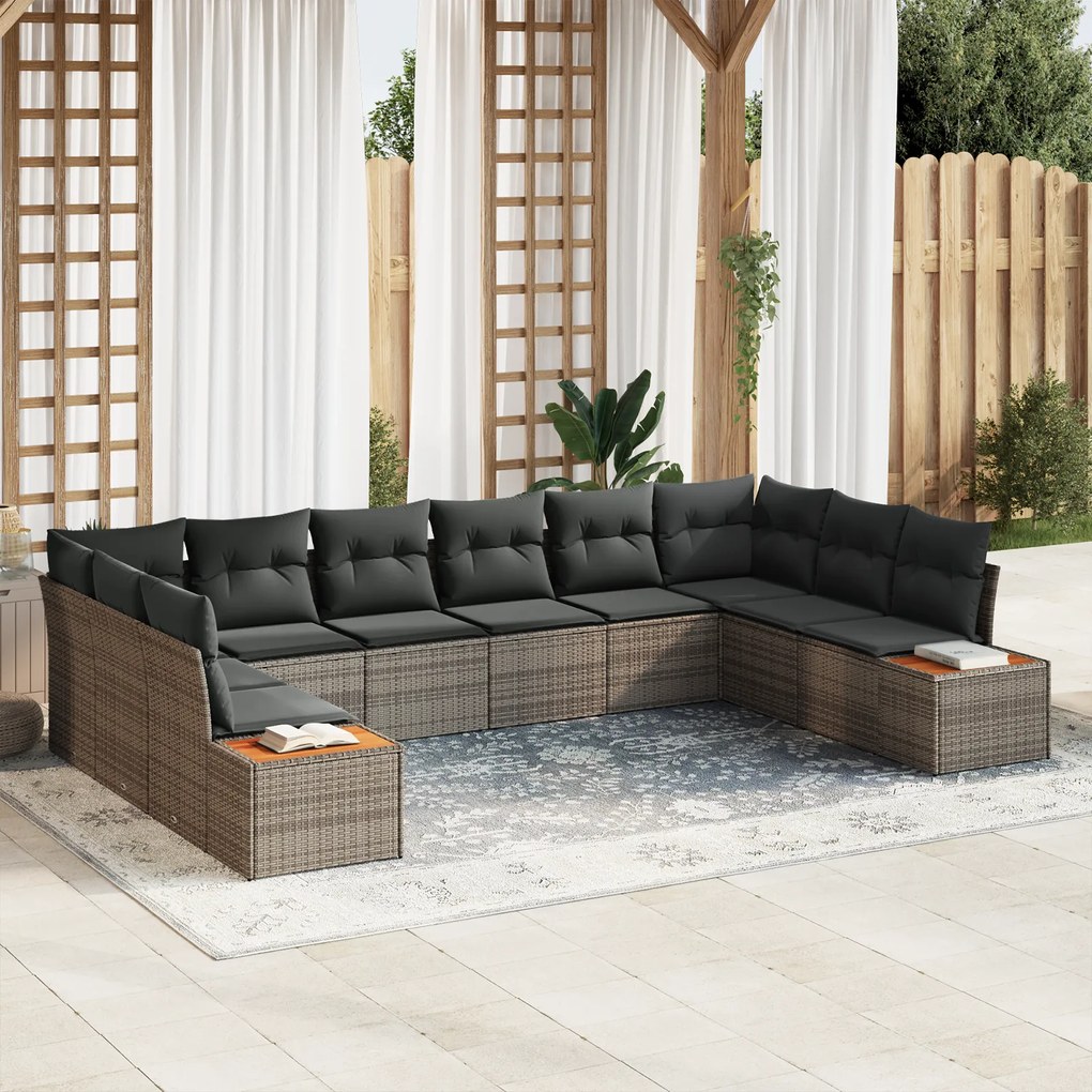 Conjunto de Sofá de Jardim vidaXL com Almofadas Cinzento de Rattan Poliéster Acácia