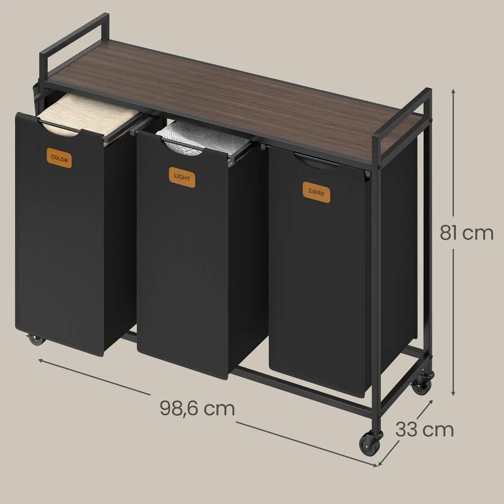 Cesto da roupa suja 98,6 x 33 x 81 cm com 3 sacos para roupa suja com um total de 150 L Preto-castanho cinza
